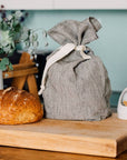 Striped 100% Linen Bread Bag With Dark Blue/Natural Stripes
